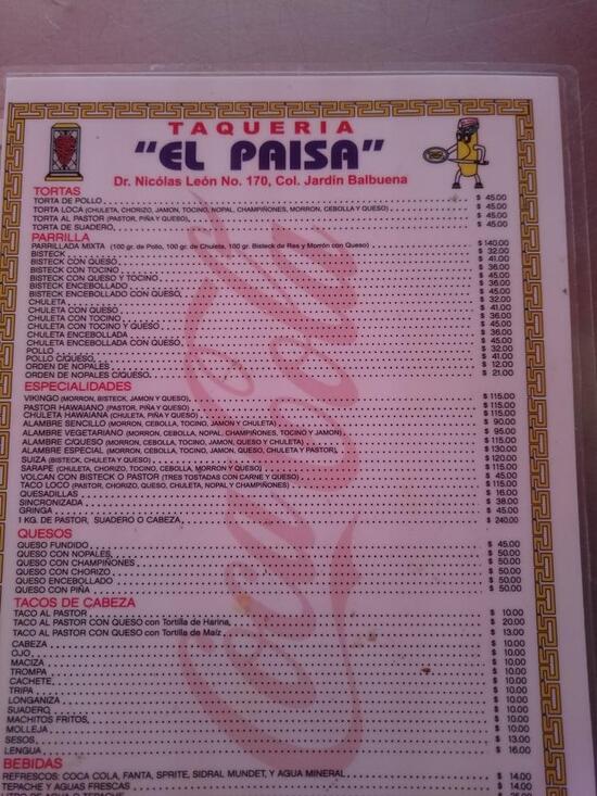 Menu at Taquería El Paisa restaurant, Mexico City, Nicolás León 170