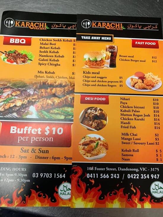 Menu at Karachi Pakwan restaurant, Dandenong