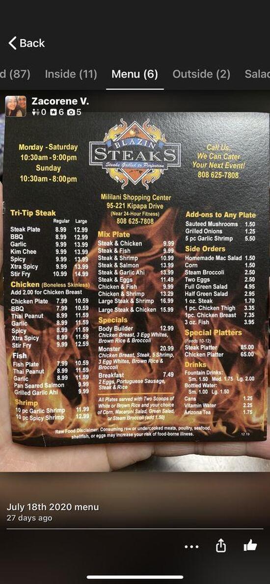 Menu at BLAZIN STEAKS Mililani Shopping Center steakhouse, Mililani, 95221 Kipapa Dr