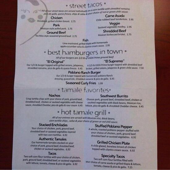 Menu at Hot Tamale Grill restaurant, Oklahoma City