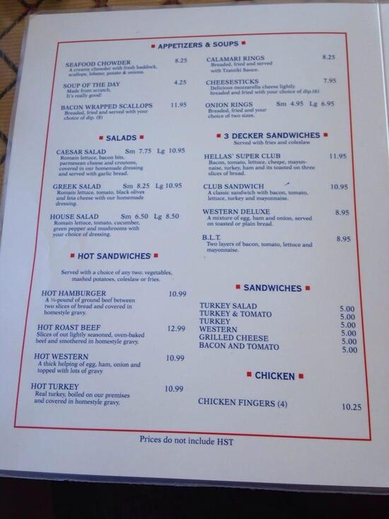 Menu at Hellas restaurant, Lower Sackville