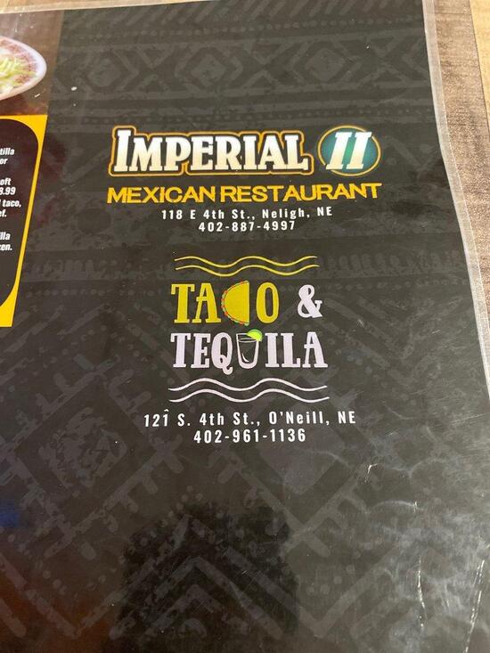 Menu at Tacos and tequila restaurant, O'Neill