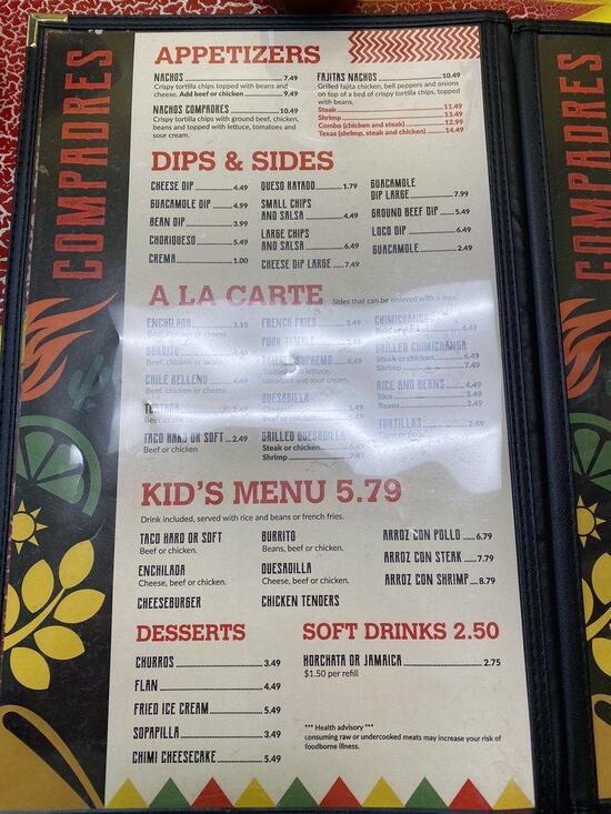 Menu at Compadres Mexican Grill restaurant, Hattiesburg, Old Hwy 11