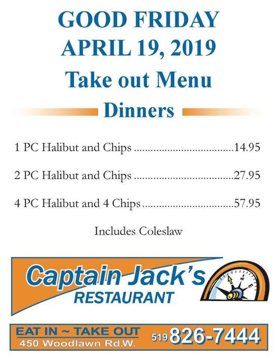 Menu at Captain Jack's Restaurant, Guelph