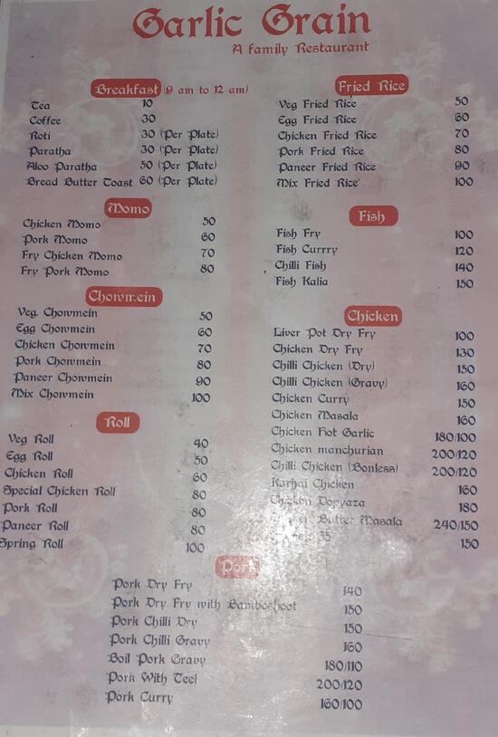 Menu at Garlic Grain, Guwahati