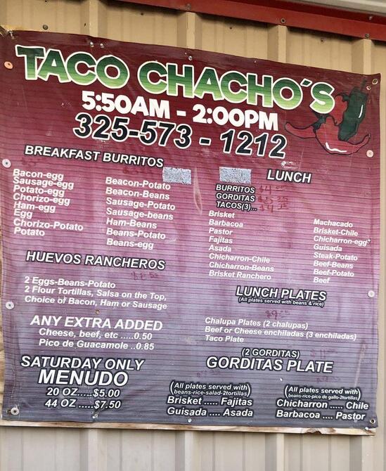 Menu at Taco Chacho's restaurant, Snyder
