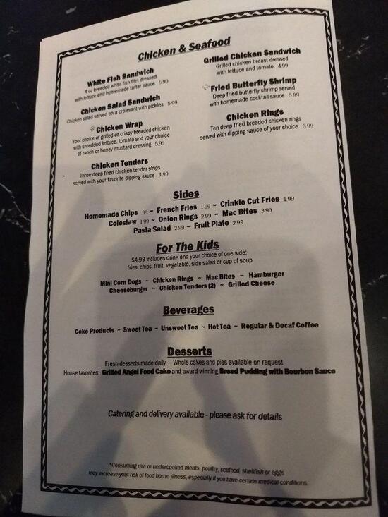 Menu at Susie Q's restaurant, Bardstown