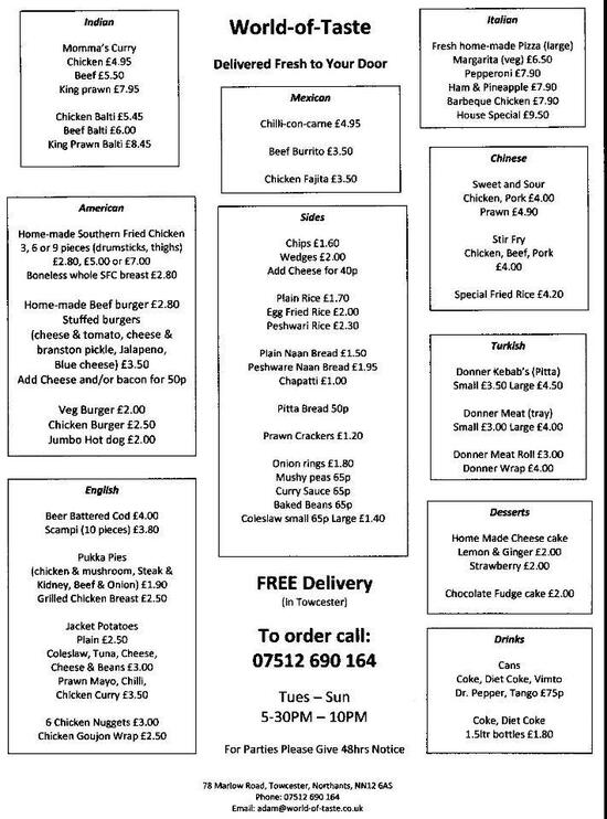 Menu at WorldofTaste restaurant, Towcester