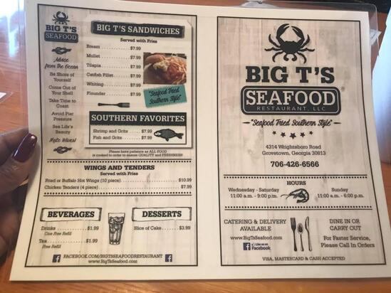Carta de Big T's Seafood Restaurant, Thomson, 931 Augusta Rd