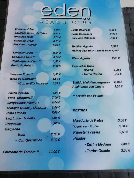 Menu at Eden Beach Club, Torremolinos