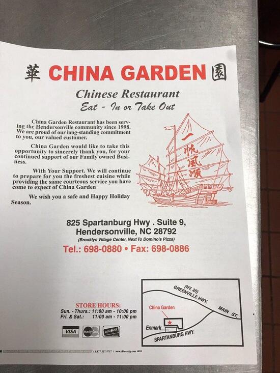 Menu At China Garden Restaurant Hendersonville 825 Spartanburg Hwy 9