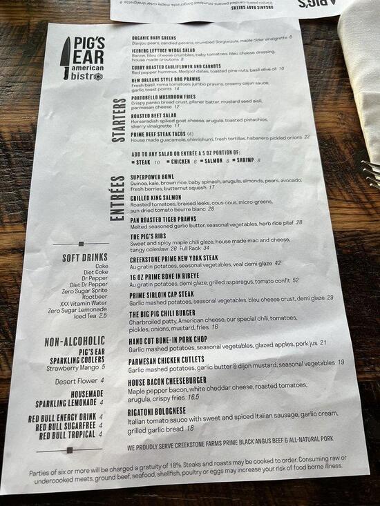 Menu at Pig's Ear American Bistro pub & bar, Hurricane