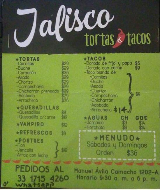 Menu At Tortas Y Tacos Jalisco Restaurant Guadalajara 6214