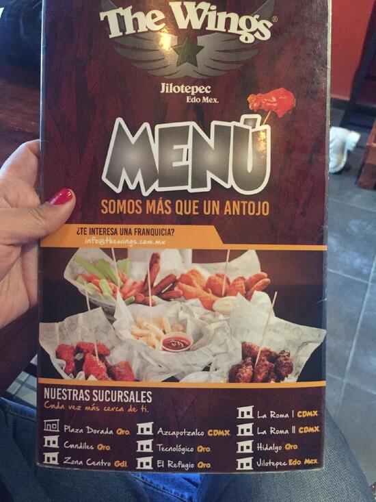 Menu at The Wings restaurant, Jilotepec de Molina Enríquez