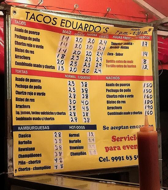 Menu at tacos eduardos restaurant, Merida