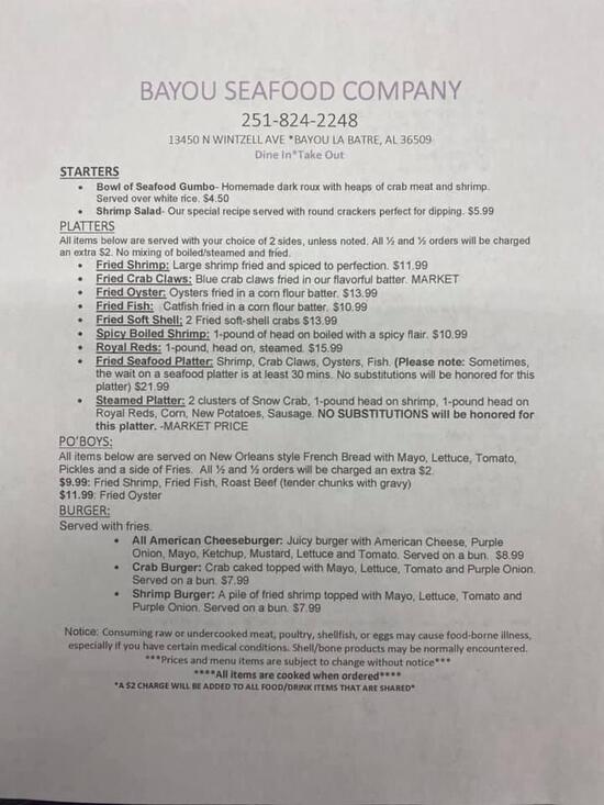 Menu at Bayou Seafood Company LLC restaurant, Bayou La Batre