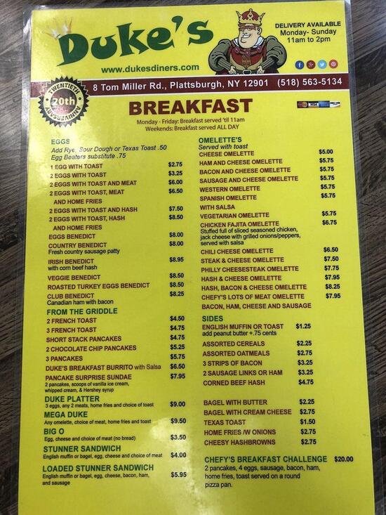 Menu at Duke's Diner restaurant, Plattsburgh
