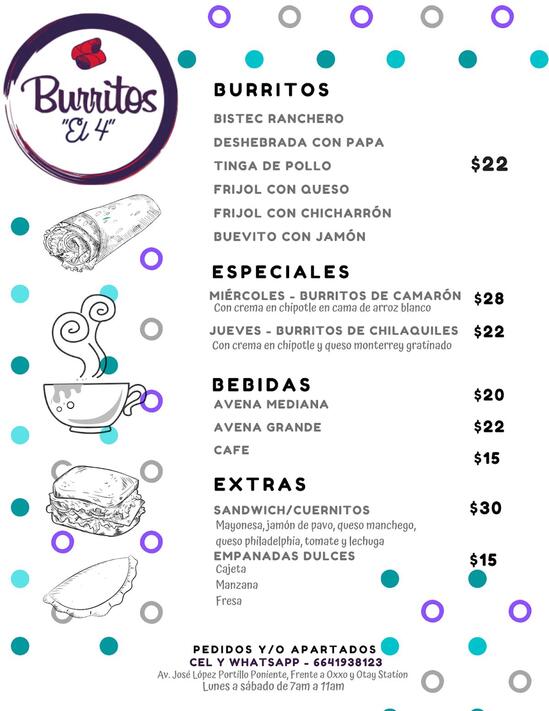 Menu at Burritos El 4 restaurant, Tijuana