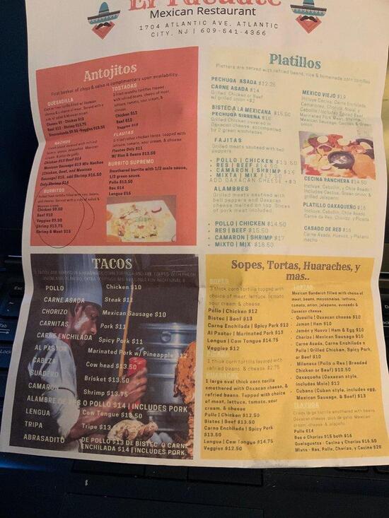 Carta de El Tacuate Mexican Restaurant, Atlantic City