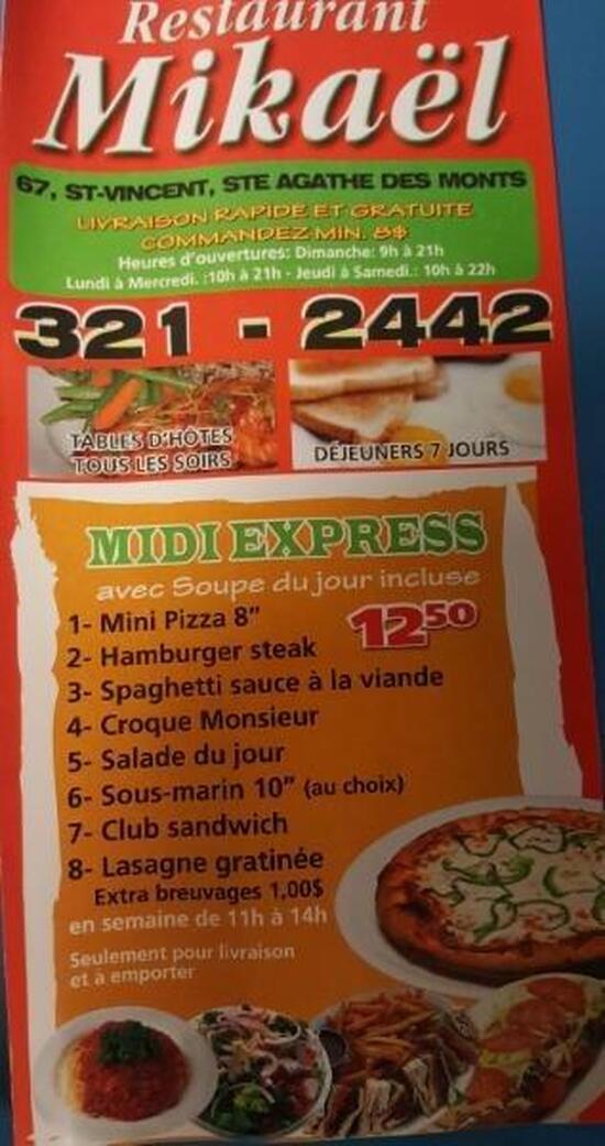 Menu au Restaurant Mikael, SainteAgathedesMonts
