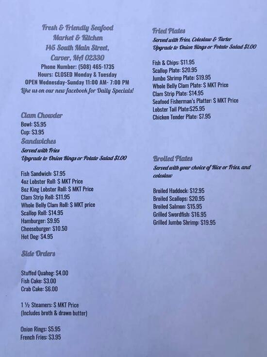 Menu at Fresh and Friendly Seafood Market restaurant, Carver