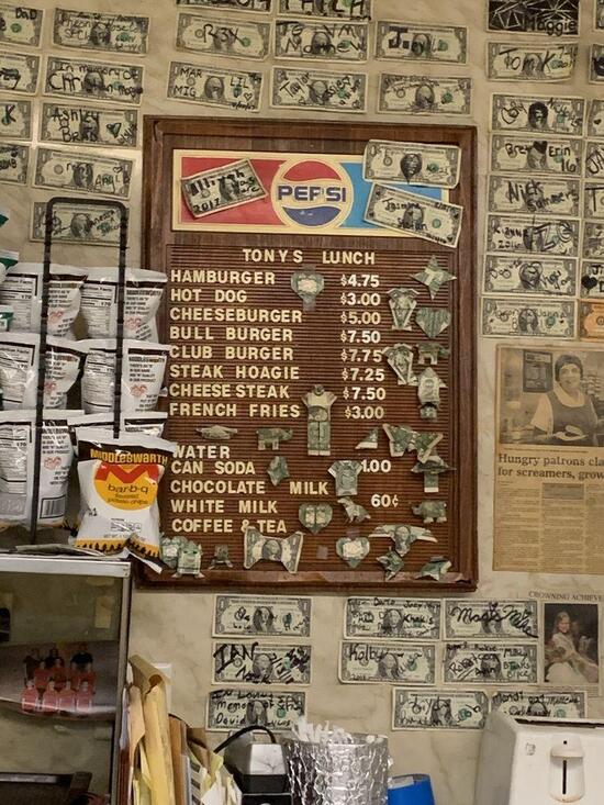 Menu at Tony's Lunch restaurant, Girardville