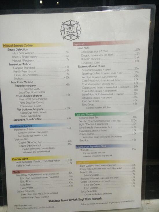 Menu at Kopi Dewa, Bandung