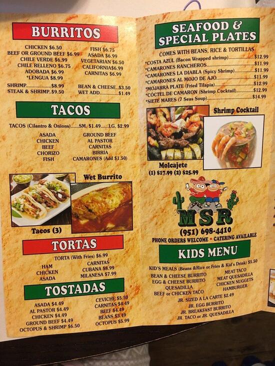 Menu at MSR Mexican Food restaurant, Murrieta