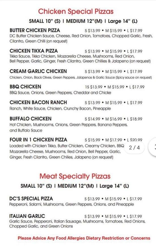 Menu at DC Pizza Bistro & Indian Restaurant, Calgary