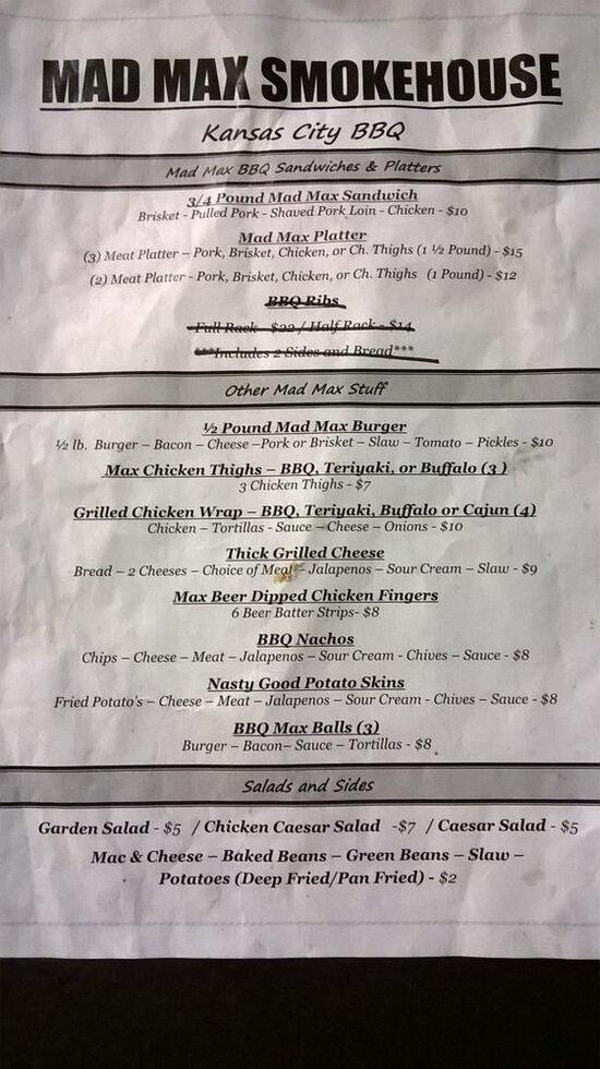 Menu at Mad Max Smokehouse Food Truck BBQ, Zionsville