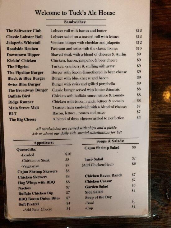 Menu at Tuck's Ale House pub & bar, Farmington