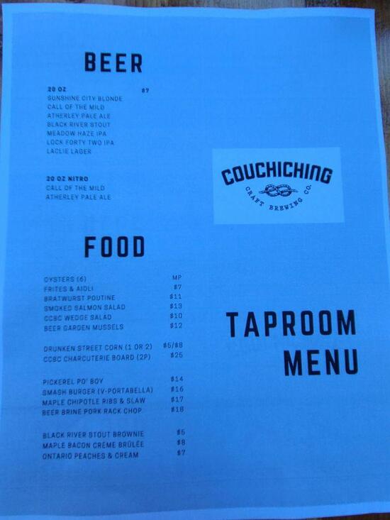 Menu at Couchiching Craft Brewing Co restaurant, Orillia