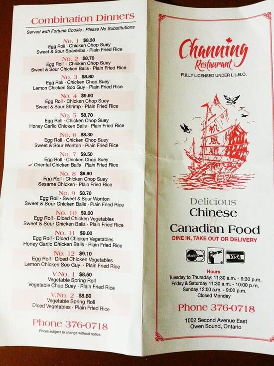 Menu at Channing Chinese Restaurant, Owen Sound