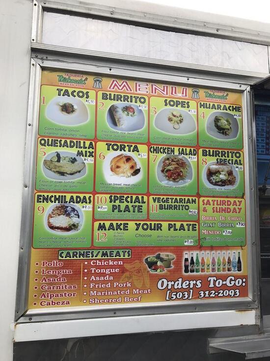 Menu at Taqueria Michoacan restaurant, Tillamook