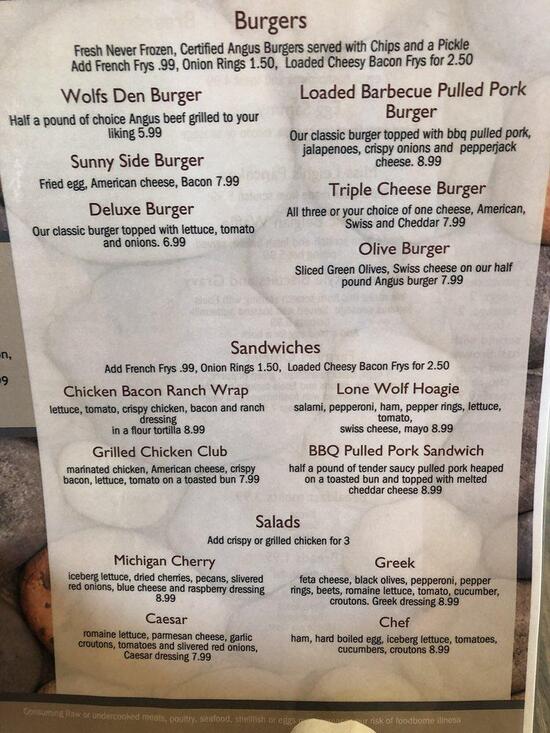 Menu at Wolfs Den Restaurant, Glennie