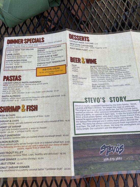 Menu at Stevo's restaurant, Heyburn, 290 S 600 W