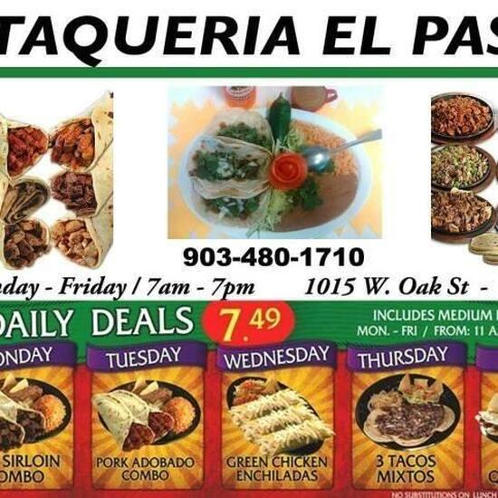 Menu at Taqueria El Pasó restaurant, Palestine