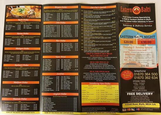 Menu At Eastern Balti Takeaway Fast Food, Blyth