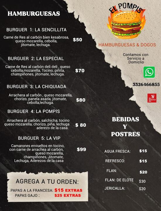 Menu at Hamburguesas al Carbón El Pompis restaurant, Guadalajara