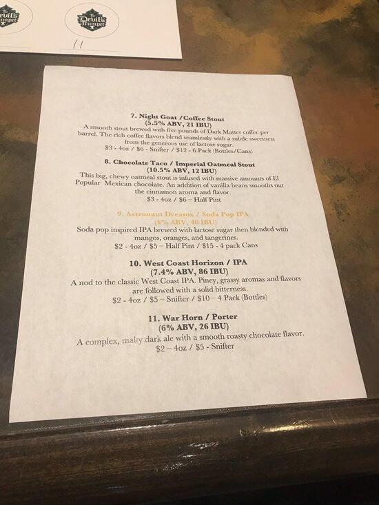 Menu at Devil's Trumpet Brewing pub & bar, Merrillville