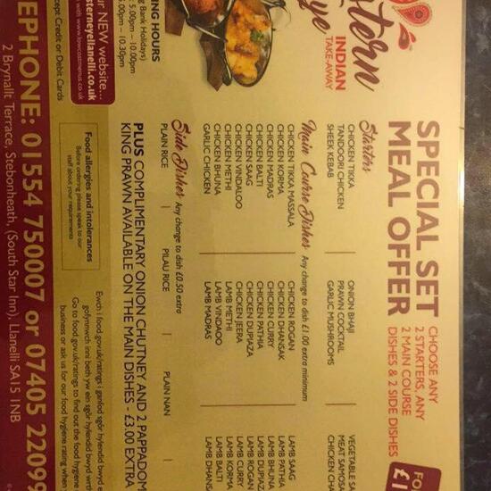 Carta del restaurante Eastern Eye, Llanelli