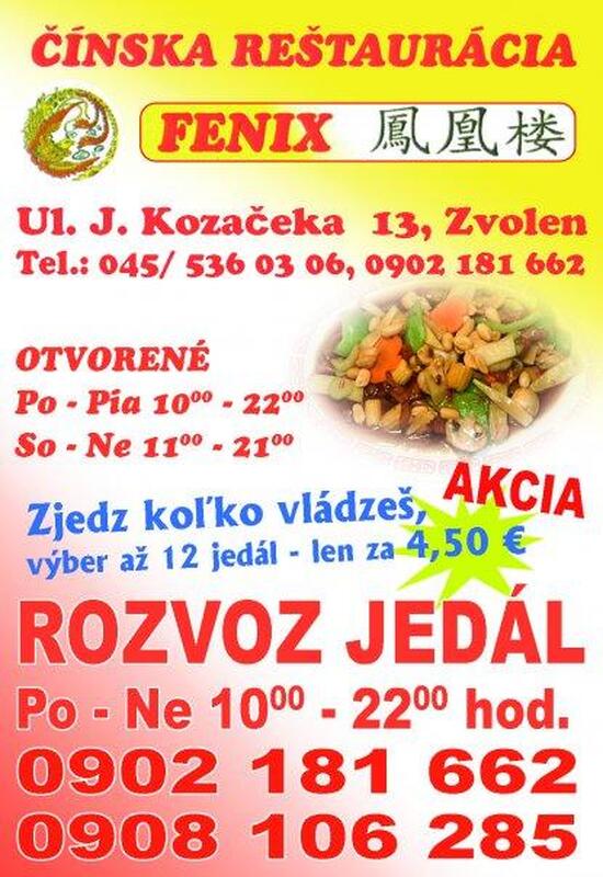 Speisekarte von Čínska reštaurácia Fénix restaurant, Zvolen