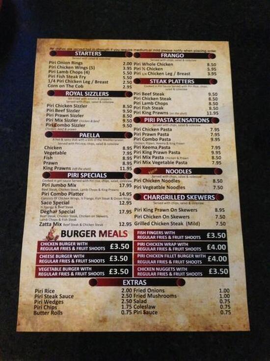 Menu at Royal Piri Piri restaurant, Oldham