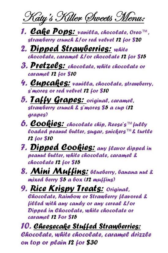 Menu at Katy’s Killer Sweets, Elgin