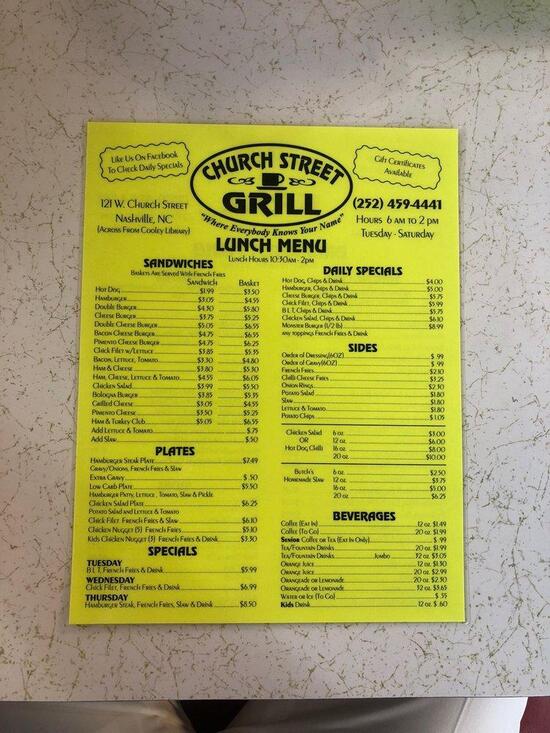 Menu at Church Street Grill restaurant, Nashville