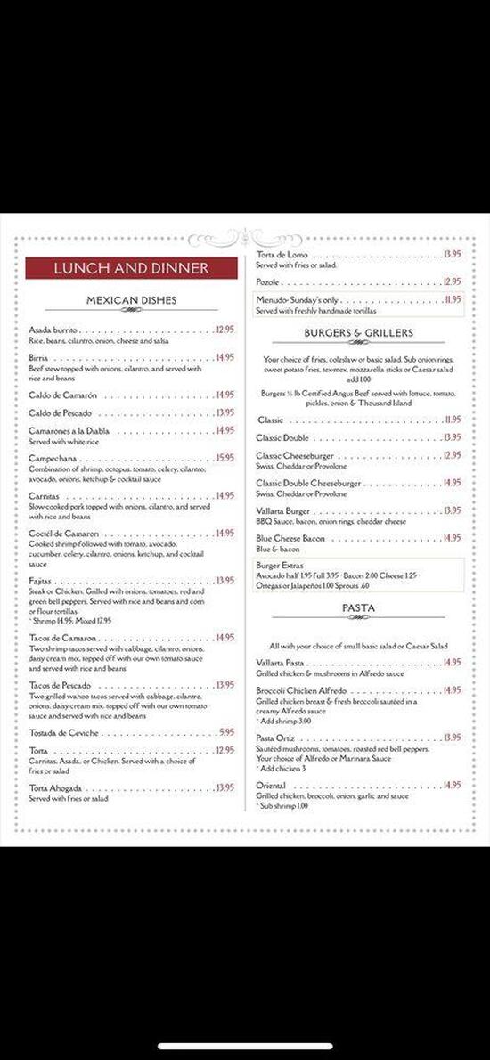 Menu at Puerto Vallarta restaurant, Mammoth Lakes