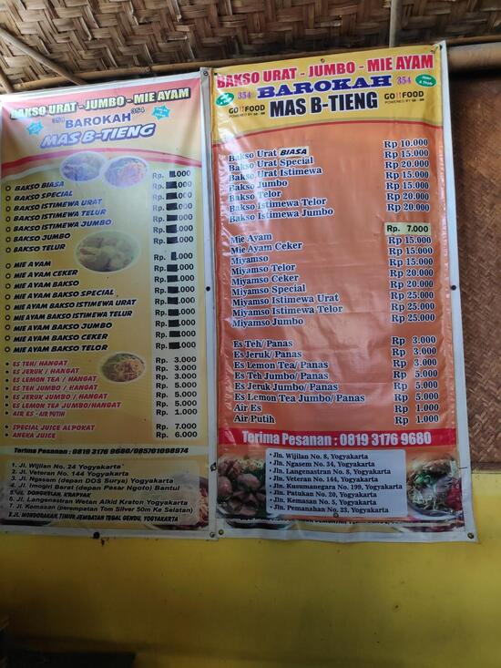 Menu At Bakso And Mie Ayam Barokah Mas B Tieng Yogyakarta Jl Veteran