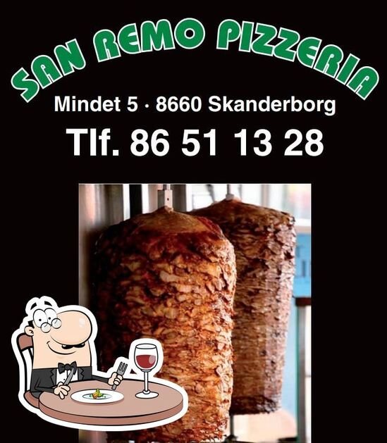 nødvendig Søndag Frem Menu at San Remo Pizza restaurant, Skanderborg