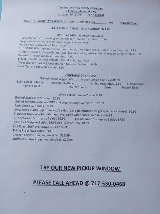 Cumberland Hwy Family Restaurant in Orrstown Restaurant menu and reviews