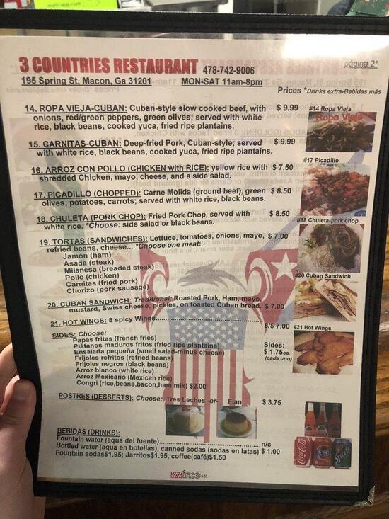 Menu at The 3 Countries restaurant, Macon, 195 Spring St